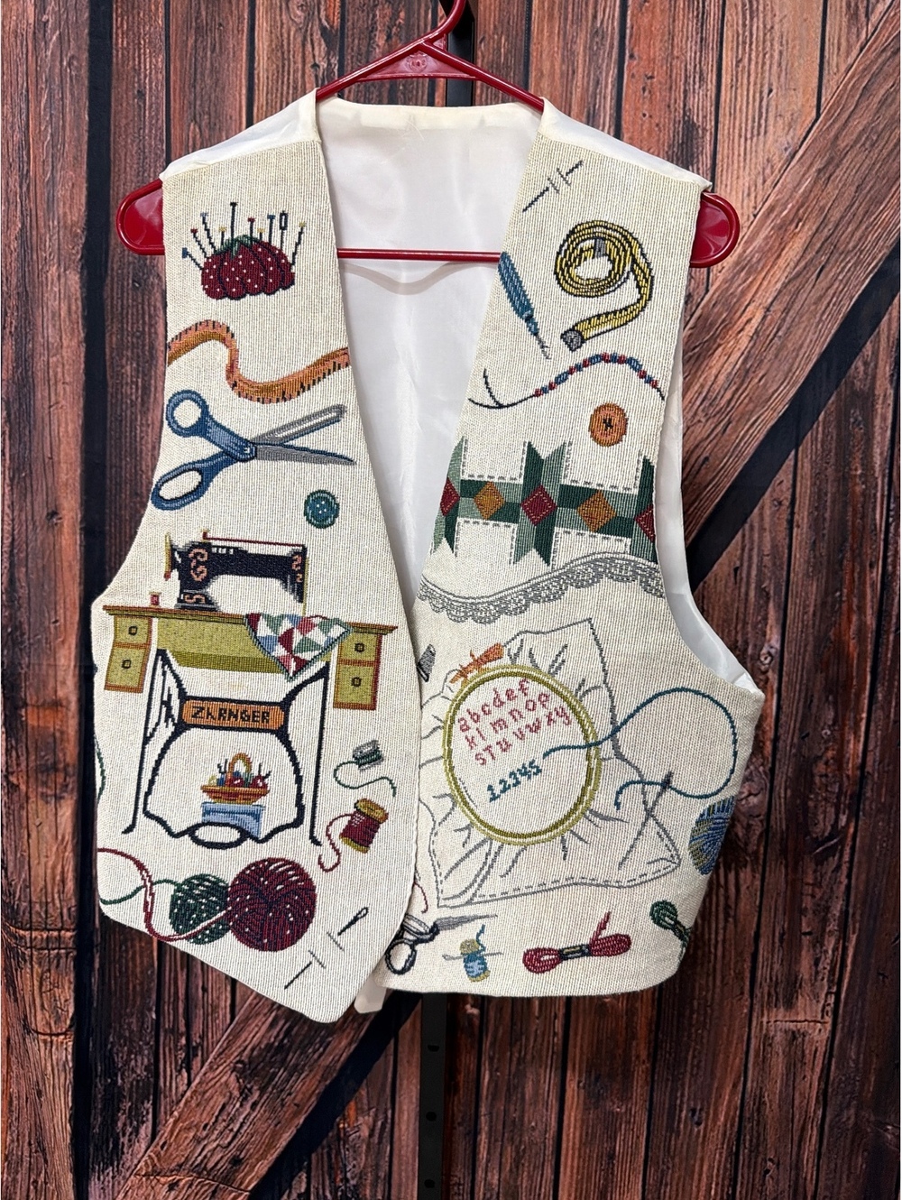 Vintage Sewing Themed Vest with Adjustable Back
